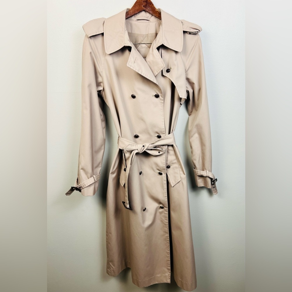 Vintage Khaki Double-Breasted Trench Coat – Belted Military Style – Size M/L